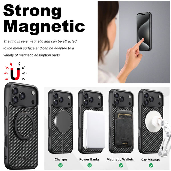 SUTENI Magnet Wireless Charging Mobile Phone Case 360° Rotating Stand Faux Leather Ring Buckle For iPhone 17 Pro Max 16 Plus 15