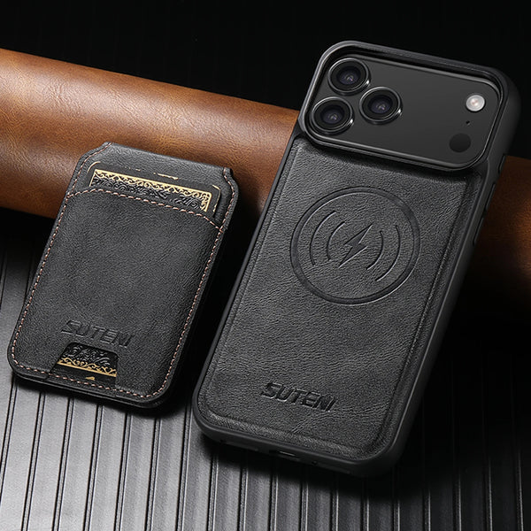 SUTENI Wireless Charging Magnet Faux Leather Phone Case Card Holder Stand Wallet 2-in-1 For iPhone 17 Pro Max 16 15 14 13 12