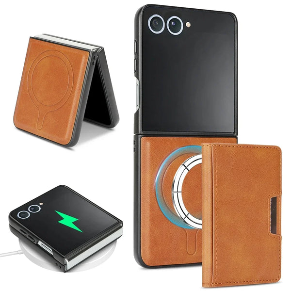 Leather Case For Samsung Galaxy Z Flip 7 6 5 4 3 Flip7 Flip6 Flip5 Wireless Charging 2 In 1 Magnetic Cards Bag Phone Cover