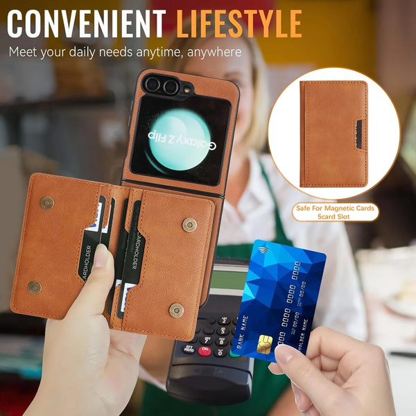 2 In 1 Leather Case For Samsung Galaxy Z Flip 7 6 5 4 3 Flip7 Flip6 Cards Slots Kickstand Wireless Charging Magnetic Phone Cover