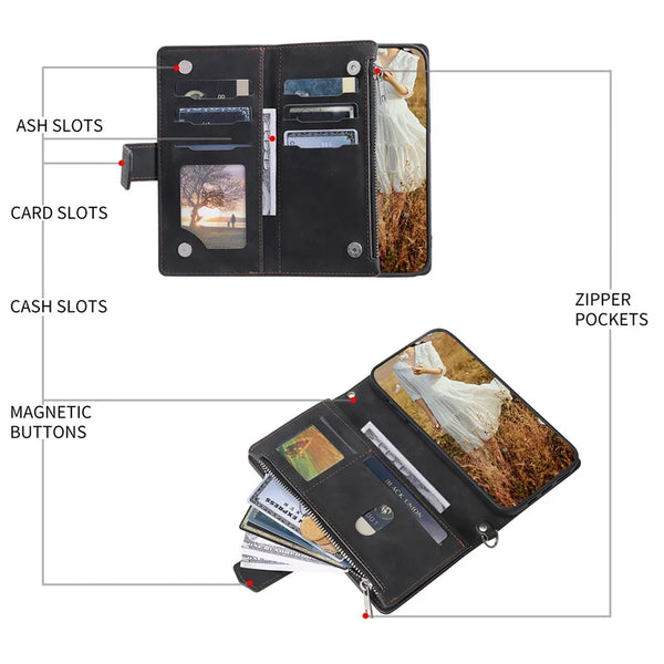 Long Lanyard Zipper Wallet Cards Phone Case for Samsung Galaxy Note 20 Ultra S26 Plus S25 FE S24 S23 S22 S21 Flip Leather Cover