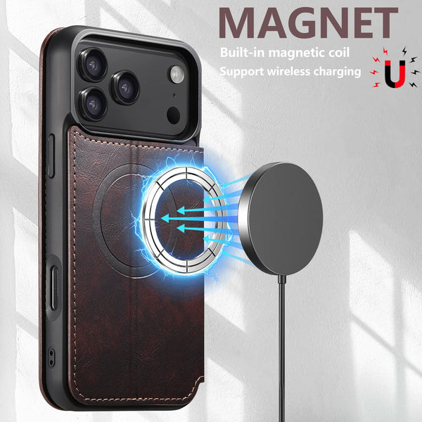 Faux Leather Wireless Charging  Card Holder Stand Wallet Magnetic buckle Phone Case For iPhone 17 Pro Max 16 Plus 15 14 13 12