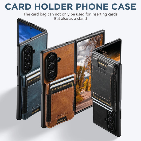 SUTENI Luxury Faux Leather Oil Wax Smooth Surface Phone Case Card Holder Stand For Samsung Galaxy Z Fold 7 6 5
