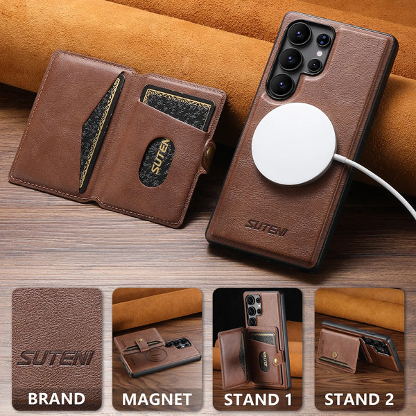 SUTENI Wireless Charging Luxury PU Leather Magnetic Buckle Phone Case Card Holder Stand For Samsung S26 Ultra S25 S24 S23 S22