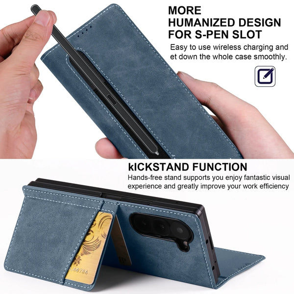 Leather Case For Samsung Galaxy Z Fold 7 6 5 4 3 Fold7 Fold6 Fold5 Fold4 Card Slots Cards Holder Kickstand Phone Cover