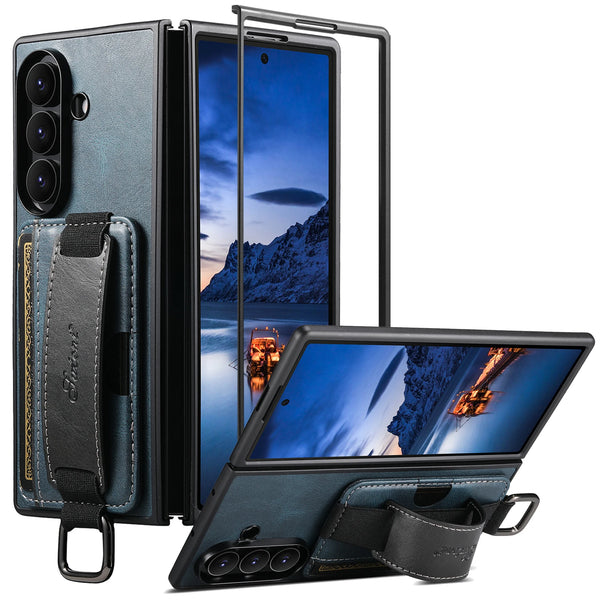 SUTENI Phone Case Wrist Strap Ring Buckle Faux Leather Card Holder Stand For Samsung Galaxy Z Fold 7 6 5