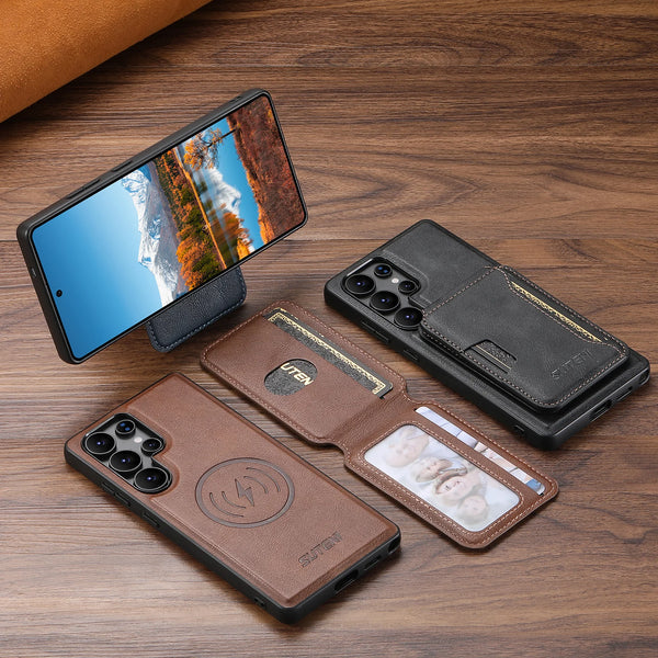 SUTENI Magnet Wireless Charging Luxury Faux Leather Phone Case Card Holder Stand For Samsung Galaxy S26 Ultra S25 S24 S23 S22