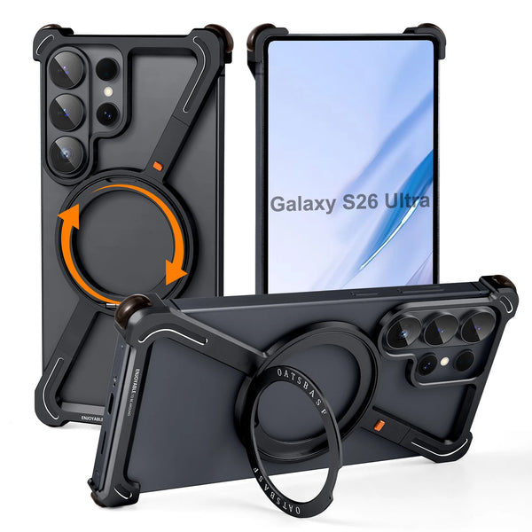 Oatsbasf for Samsung Galaxy S26 Ultra Frameless Metal Bumper Z Case Phone Case with 360°Rotating Stand Magnetic Shockproof Cover