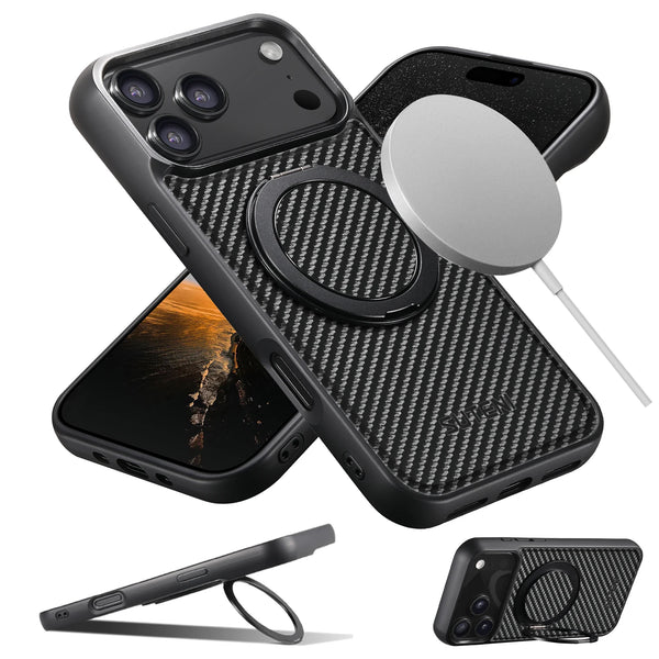 SUTENI Magnet Wireless Charging Mobile Phone Case 360° Rotating Stand Faux Leather Ring Buckle For iPhone 17 Pro Max 16 Plus 15