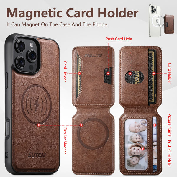 SUTENI Magnet Wireless Charging Luxury Faux Leather Phone Case Card Holder Stand For iPhone 17 Pro Max 16 Plus 15 14 13 12