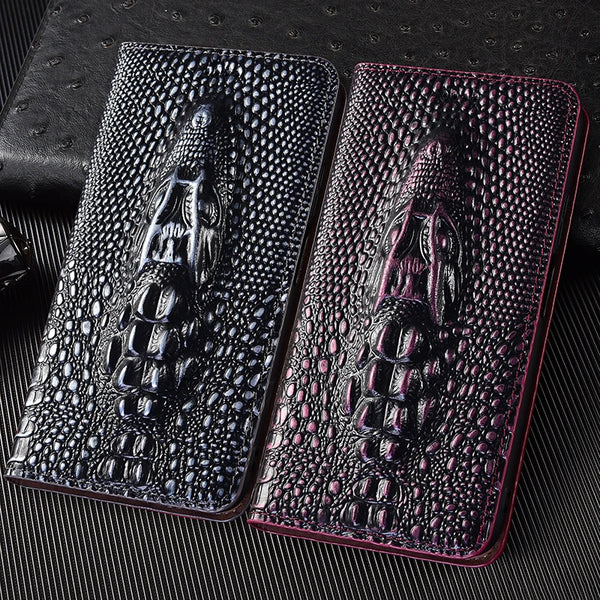 Genuine Leather Crocodile 3D Head Flip Case for iPhone 17 16 16E 15 14 13 12 11 8 X XS XR Pro Max Plus Card Slots Wallet Cover