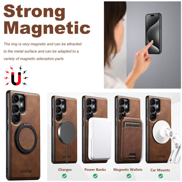 SUTENI Magnet Wireless Charging Phone Case Oil Wax Faux Leather 360° Rotating Stand Buckle For Samsung Galaxy S26Ultra S25 S24