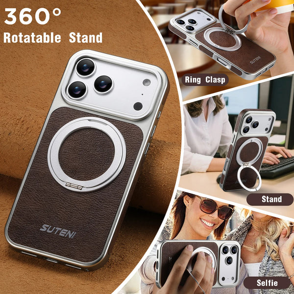 SUTENI Faux Leather Magnet Wireless Charging Phone Case 360° Rotating Stand Ring Buckle Frosted Feel For iPhone 17 Pro Max 16 15