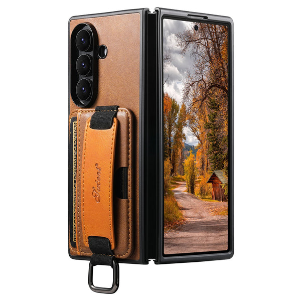 SUTENI Phone Case Wrist Strap Ring Buckle Faux Leather Card Holder Stand For Samsung Galaxy Z Fold 7 6 5