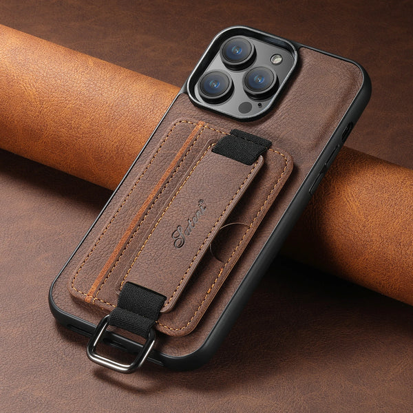 SUTENI Lychee skin print wrist strap card phone case Card holder for iPhone 17 ProMax 16 Plus 15 14 13 12 11 XR XS
