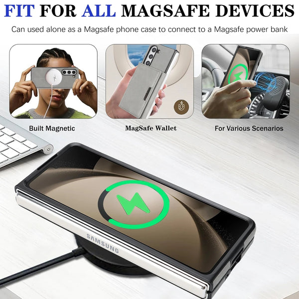 2 in 1 Leather Case for Samsung Galaxy Z Fold 7 6 5 4 3 Fold7 Magnetic Wireless Charging 7 Card Slots Kickstand Phone Cover