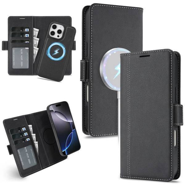 2 in 1 Magnetic Leather Case for IPhone Air 17 Promax 16 Pro Max 15 Plus 14 Pro 13 12 16e Magsafe Wallet Card Holder Phone Cover