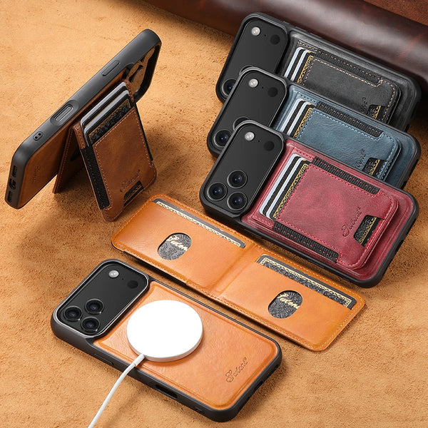 SUTENI Faux Leather Phone Case Wireless Charging Magnet Card Holder Stand For iPhone 17 Pro Max 16 Plus 15 14 13 1215 14 13 12