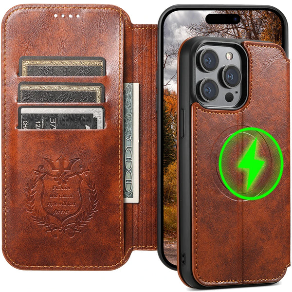 SUTENI Magsafe Leather Phone Case For iPhone 12 13 14 15 16 17 Pro Max Plus Flip Cover Wallet For Men Card Holder