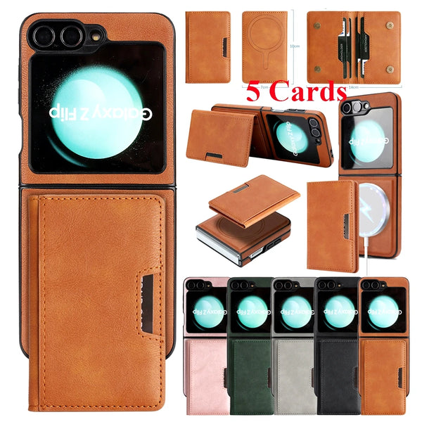 2 In 1 Leather Case For Samsung Galaxy Z Flip 7 6 5 4 3 Flip7 Flip6 Cards Slots Kickstand Wireless Charging Magnetic Phone Cover
