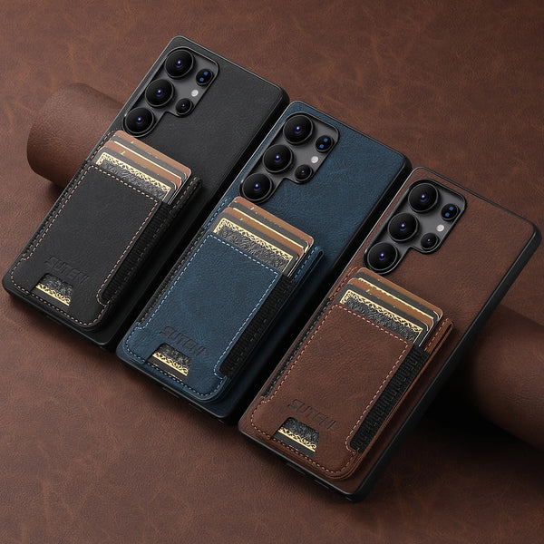SUTENI Luxury Faux Leather Card Holder Stand Phone Case Frosted Feel For Samsung Galaxy S26 Ultra S25 Plus S24 S23 S22 Note20