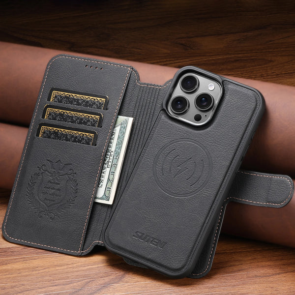 SUTENI Faux Leather Wireless Charging Card Holder Stand Wallet Magnetic Flip Cover Phone Case For iPhone 16 Pro Max 15 Plus 14