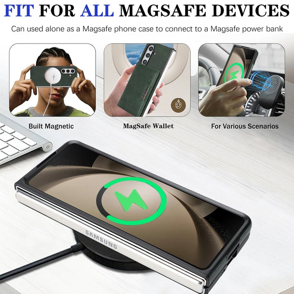 2 In 1 Leather Case For Samsung Galaxy Z Fold 7 6 5 4 3 Magnetic Cards Holder Card Slots Kickstand Wireless Charging Phone Cover