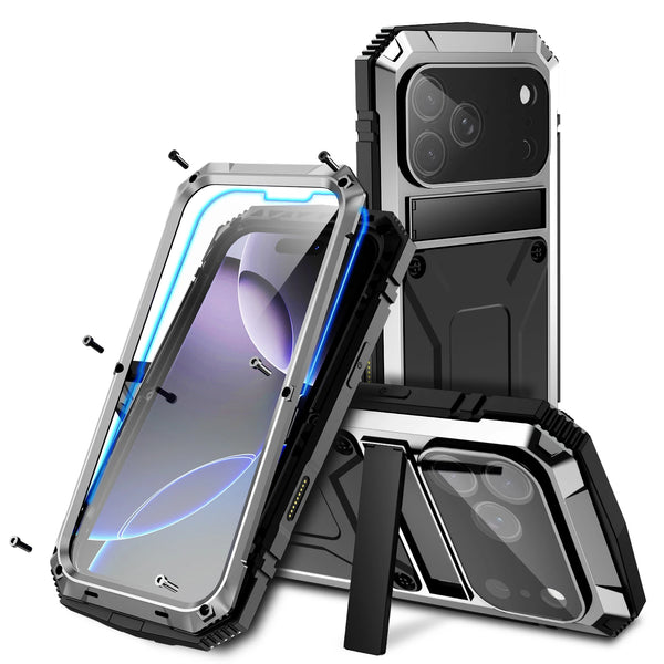 360 Protective Sturdy Military Metal Case for iPhone 17 Pro / Air / 16 Pro Max Shockproof Tempered Glass Built-in Silicone Cover