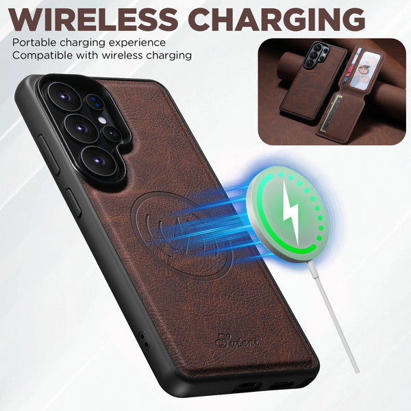 SUTENI Wireless Charging Phone Case Magnet Card Holder Stand Faux Leather For Samsung Galaxy S26 Ultra S25 Plus S24 S23+
