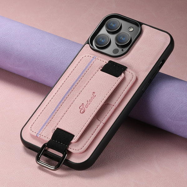 SUTENI Lychee skin print wrist strap card phone case Card holder for iPhone 17 ProMax 16 Plus 15 14 13 12 11 XR XS