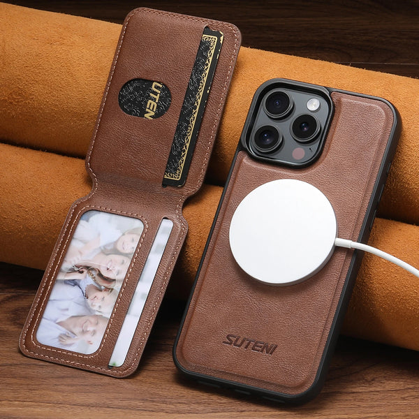 SUTENI Magnet Wireless Charging Luxury Faux Leather Phone Case Card Holder Stand For iPhone 17 Pro Max 16 Plus 15 14 13 12