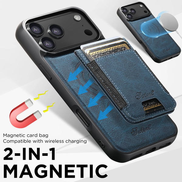 SUTENI Magnet Wireless Charging Card Holder Stand Luxury Faux Leather Phone Case For iPhone 17 Pro Max 16 Plus 15 14 13 12