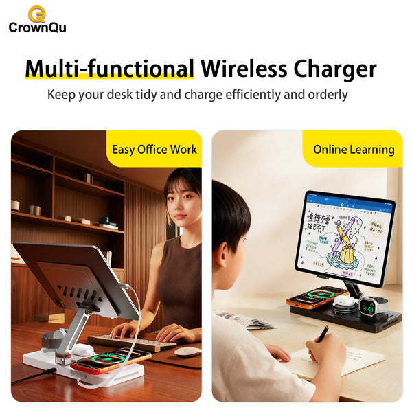 5-in-1 Wireless Charger ipad Fast Charging Station Stand With 80cm Type-C Retractable Cable for iPhone 17 16 15 Watch Airpods