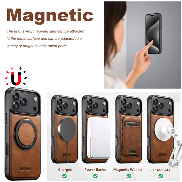 Oil Wax Faux Leather Magnet Wireless Charging Phone Case 360° Rotating Stand Buckle For iPhone 17 Pro Max 16 Plus 15 14 13 12