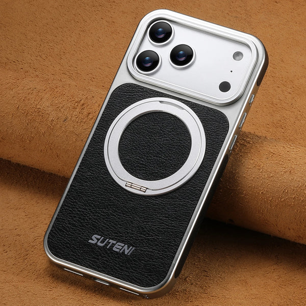 SUTENI Faux Leather Magnet Wireless Charging Phone Case 360° Rotating Stand Ring Buckle Frosted Feel For iPhone 17 Pro Max 16 15