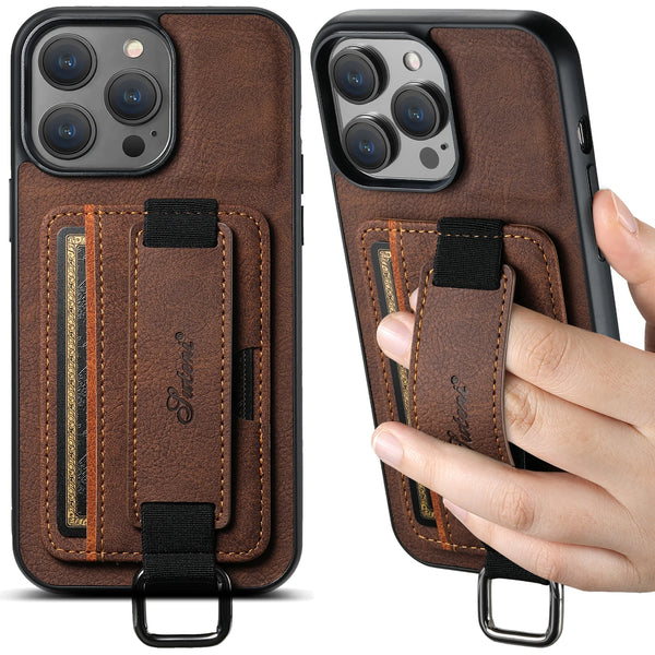 SUTENI Lychee skin print wrist strap card phone case Card holder for iPhone 17 ProMax 16 Plus 15 14 13 12 11 XR XS