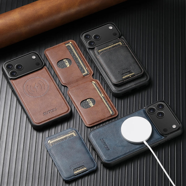 SUTENI Wireless Charging Magnet Faux Leather Phone Case Card Holder Stand Wallet 2-in-1 For iPhone 17 Pro Max 16 15 14 13 12