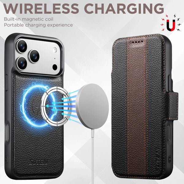 SUTENI Faux Leather Wireless Charging Card Holder Stand Wallet Magnetic Flip Cover Phone Case For iPhone 17 Pro Max 16 15 14 13