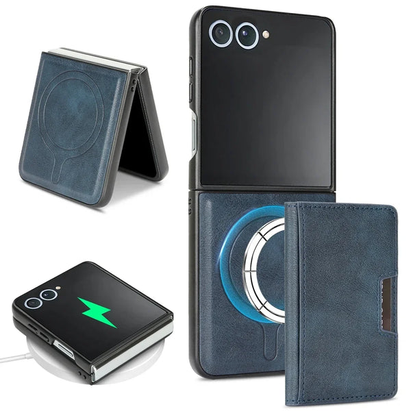 Leather Case For Samsung Galaxy Z Flip 7 6 5 4 3 Flip7 Flip6 Flip5 Wireless Charging 2 In 1 Magnetic Cards Bag Phone Cover