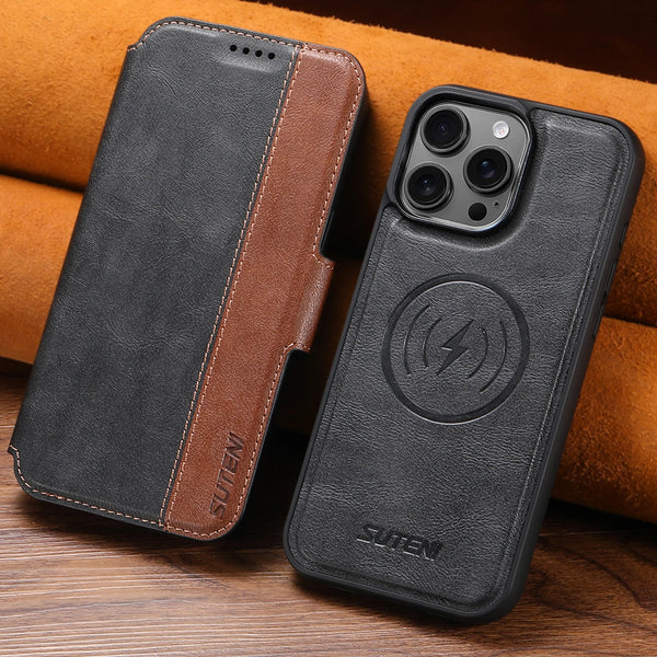SUTENI Faux Leather Wireless Charging Card Holder Stand Wallet Magnetic Flip Cover Phone Case For iPhone 16 Pro Max 15 Plus 14