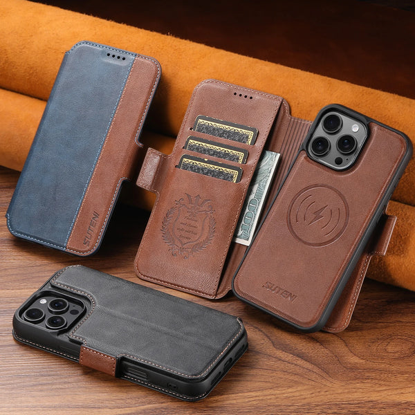 SUTENI Faux Leather Wireless Charging Card Holder Stand Wallet Magnetic Flip Cover Phone Case For iPhone 16 Pro Max 15 Plus 14