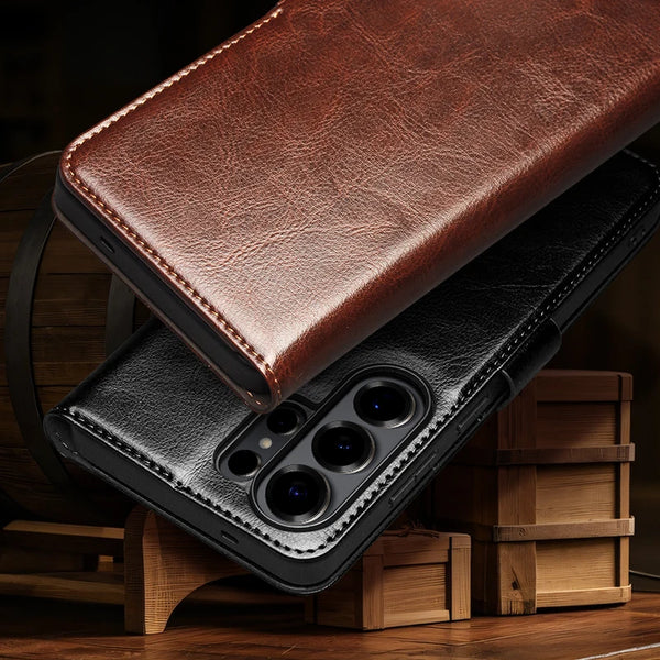 Genuine Leather Phone Case for Samsung Galaxy S26 S25 S24 Ultra Plus, Samsung Galaxy Z Fold 7 6 5 4 & Z Flip 7 6 5 Series, Xiaomi 17 15 Ultra Mi 11 Series & iPhone 17 16 15 14 13 Air Pro Pro Max Series | Luxury Wallet Card Slots magnetic flip back case