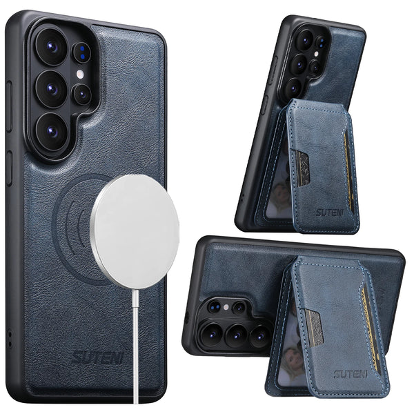 SUTENI Magnet Wireless Charging Luxury Faux Leather Phone Case Card Holder Stand For Samsung Galaxy S26 Ultra S25 S24 S23 S22