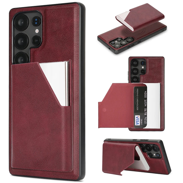 Magnetic Leather Case for Samsung Galaxy S25 Ultra Edge S24 Plug 23 + S25Ultra S25U S24U 5G Mirror Card Holder Phone Cover