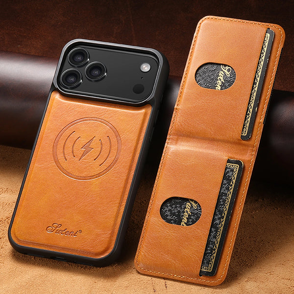 SUTENI Faux Leather Phone Case Wireless Charging Magnet Card Holder Stand For iPhone 17 Pro Max 16 Plus 15 14 13 1215 14 13 12