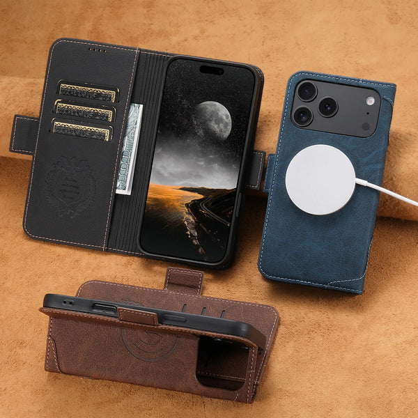 Wireless Charging Faux Leather Card Holder Stand Wallet Magnetic Button Flip Cover Phone Case For iPhone 17 Pro Max 16 15 14 13