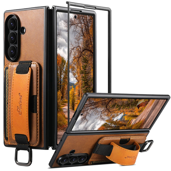 SUTENI Phone Case Wrist Strap Ring Buckle Faux Leather Card Holder Stand For Samsung Galaxy Z Fold 7 6 5