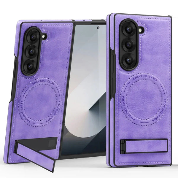 Leather Case For Samsung Galaxy Z Fold 6 5 4 3 Magnetic Fold6 Fold5 Fold4 Fold3 Wrieless Charger Phone Cover WIth Kickstand