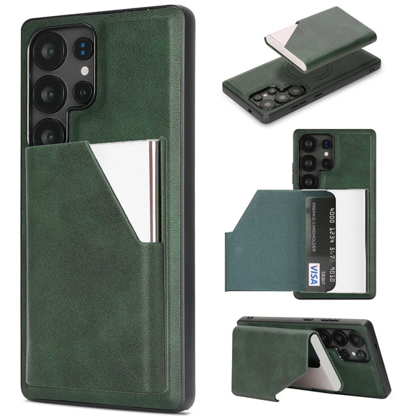 Magnetic Leather Case for Samsung Galaxy S25 Ultra Edge S24 Plug 23 + S25Ultra S25U S24U 5G Mirror Card Holder Phone Cover