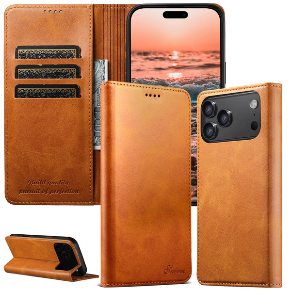 SUTENI brand Calfskin Magnetic Flip Leather Case for iPhone 17 Pro Max 13 14 Pro 15 Plus 16E 17 Air Book Folio Slim Wallet Case